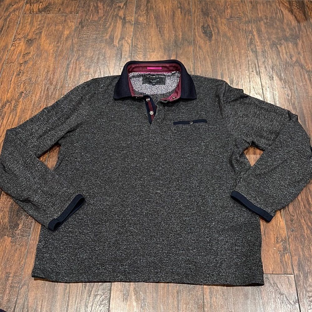 Ted Baker Long Sleeve Polo Top shirt size L in EUC dark grey with navy trim
